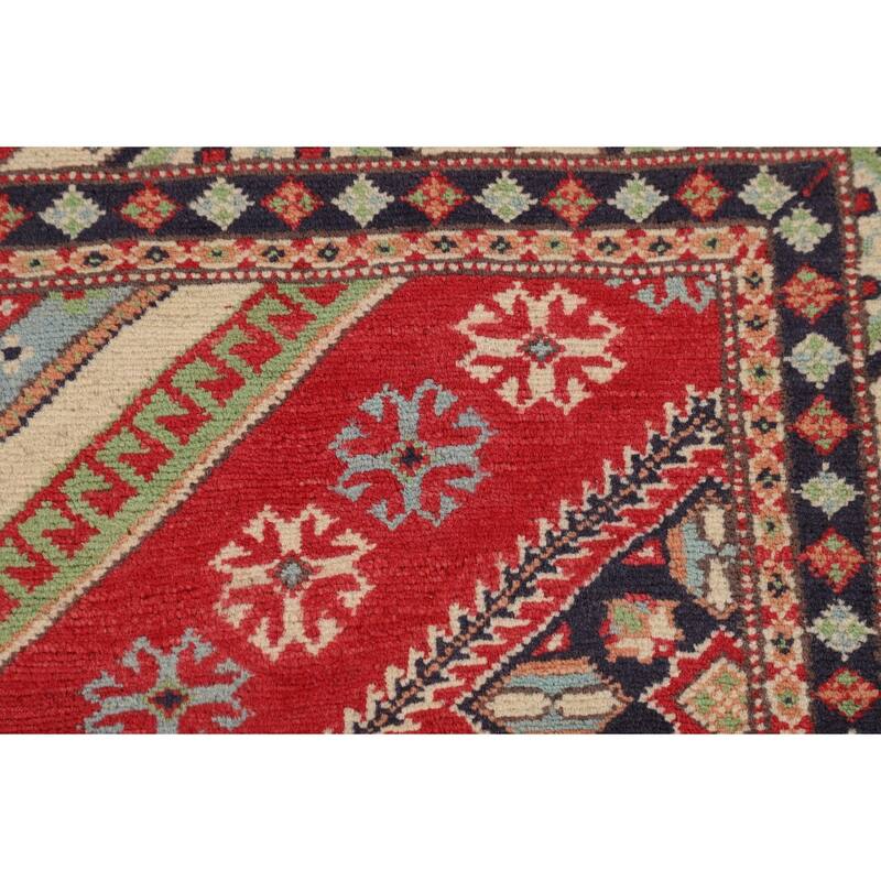 Geometric Kazak Area Rug Hand-Knotted Oriental Wool Carpet - 4'10" x 6'6"