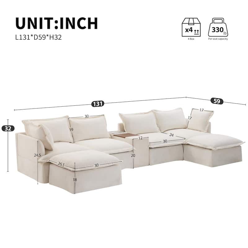 131" & 142" U-Shaped Modular Sectional Sofa - 6-Seat Chenille Couch with Ottoman, USB Charger, Cup Holder, Wide Seat, 2 Sizes