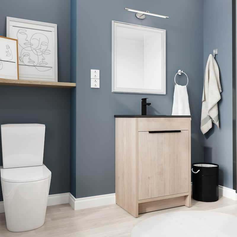 24 Inch Plywood Freestanding Bathroom Vanity With Adjustable Shelf and Black Integrated Ceramic Sink