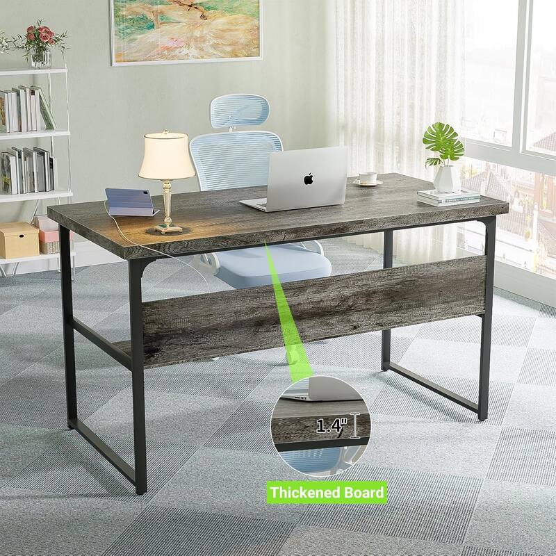 Executive Desk Computer Desk with Extra Thick Tabletop, Simple Office Desk Workstation Study Writing Table with Power Outlets