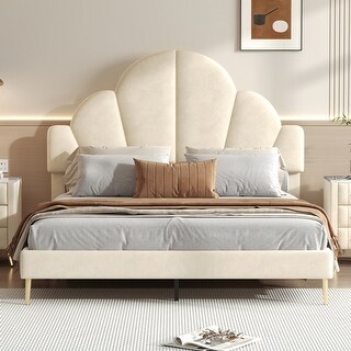 Queen Size Velvet Upholstered Platform Bed with Petal Shaped Headboard