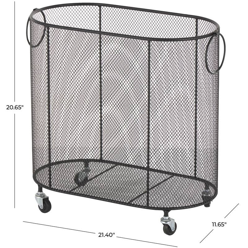 Metal Oval Mesh Wire Rolling Laundry Storage Cart with Ring Handles - Black or Gold - Roche River Decor