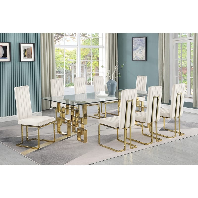 Best Quality Furniture Big Glass Dining Sets - 9pcs - Gold Chrome - Cream