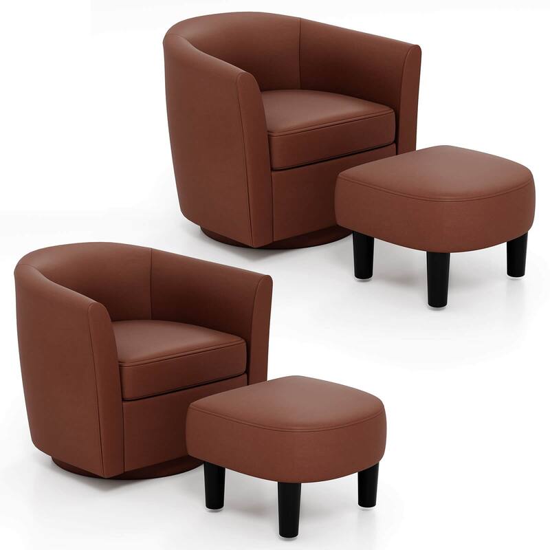 Costway Swivel Barrel Chair with Ottoman Footrest Curved Backrest & - See Details - Brown 2 PCS