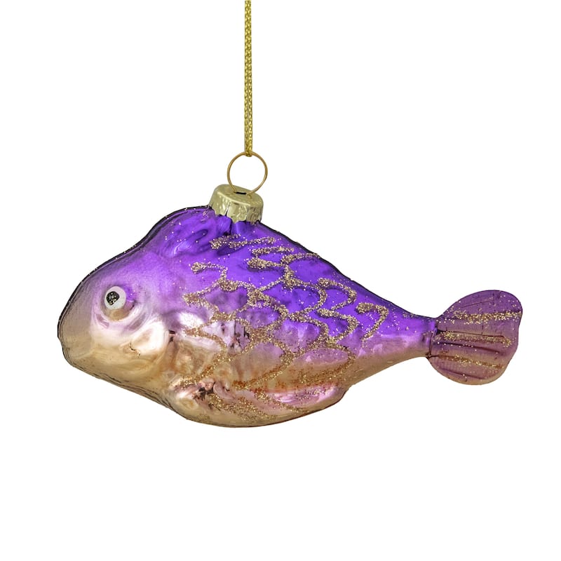 Glass Fish Christmas Ornament - 4" - Purple and Gold