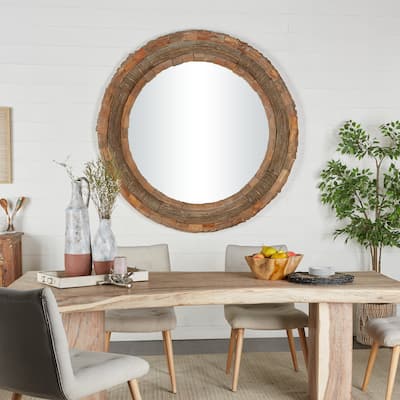 Brown Wood Large Room Wall Mirror with Layered Wood Chip and Stick Design