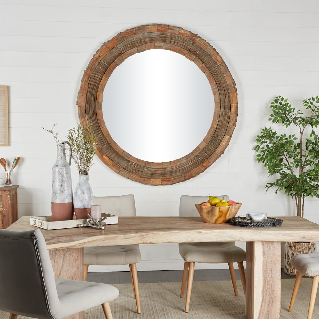 Brown Wood Large Room Wall Mirror with Layered Wood Chip and Stick Design