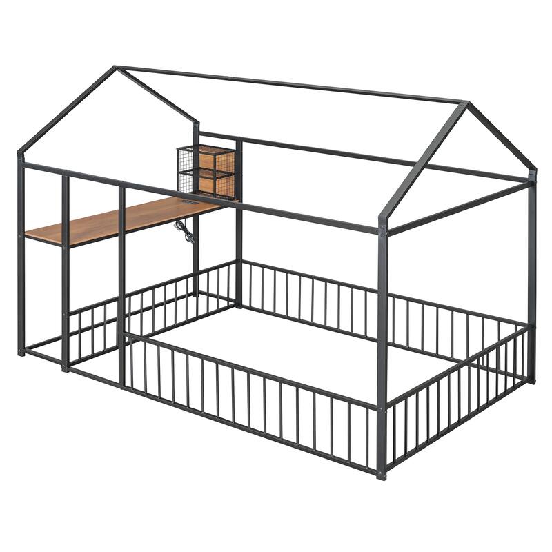 House Bed with Desk and Storage - Twin/Full Metal Frame with USB Ports, Power Outlets, and Shelves