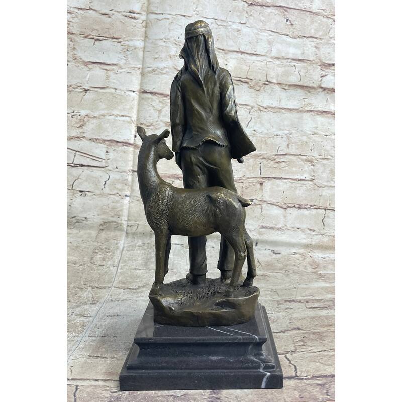 Native American Man W/ Deer Bronze Figure Statue Sculpture Signed Original Art 12 Inches X 5 Inches