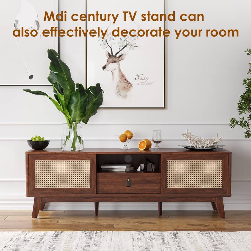Rattan TV Stand for TVs, Wood TV Stand Mid Century Modern TV Stand TV Media Console with Drawer and 2 Cabinets
