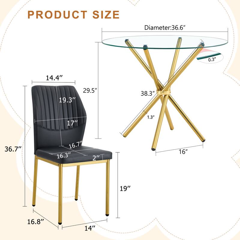 4-Piece Dining Set with 36.6'' Round Tempered Glass Table & Black-Gold Chairs - Modern Luxe Style