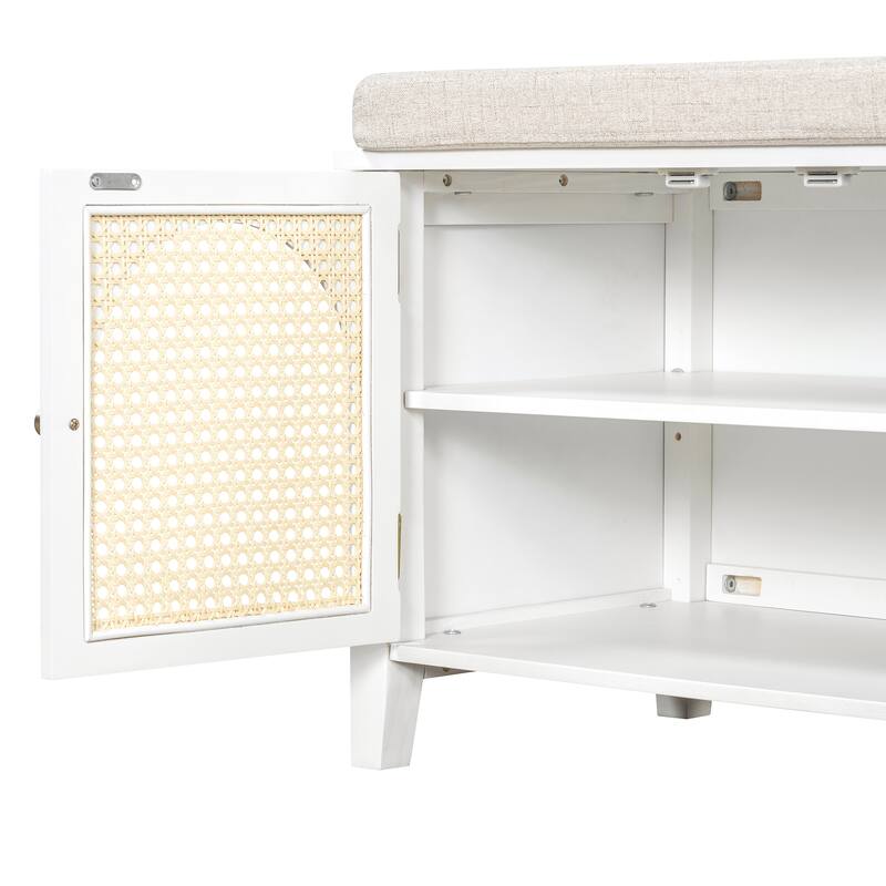 Wood Frame Bench with Shoe Storage, Shoe Bench with Rattan Arched Door and 2 Drawers Entryway Fabric Upholstered Bench