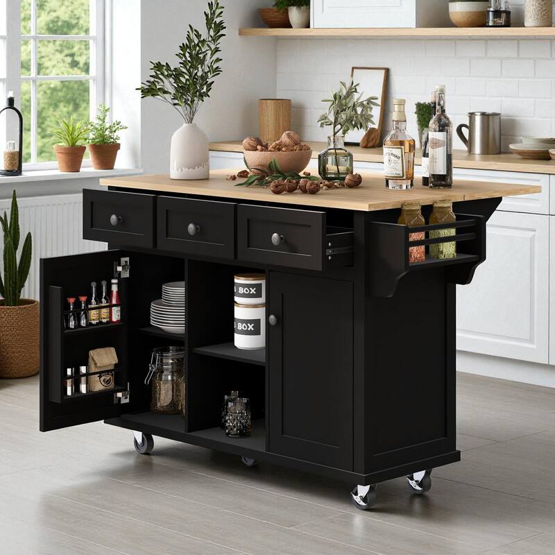 53" Kitchen Island Cart with Rubber Wood Drop Leaf, Rolling Storage Cabinet with Drawers, Spice & Towel Rack - Black