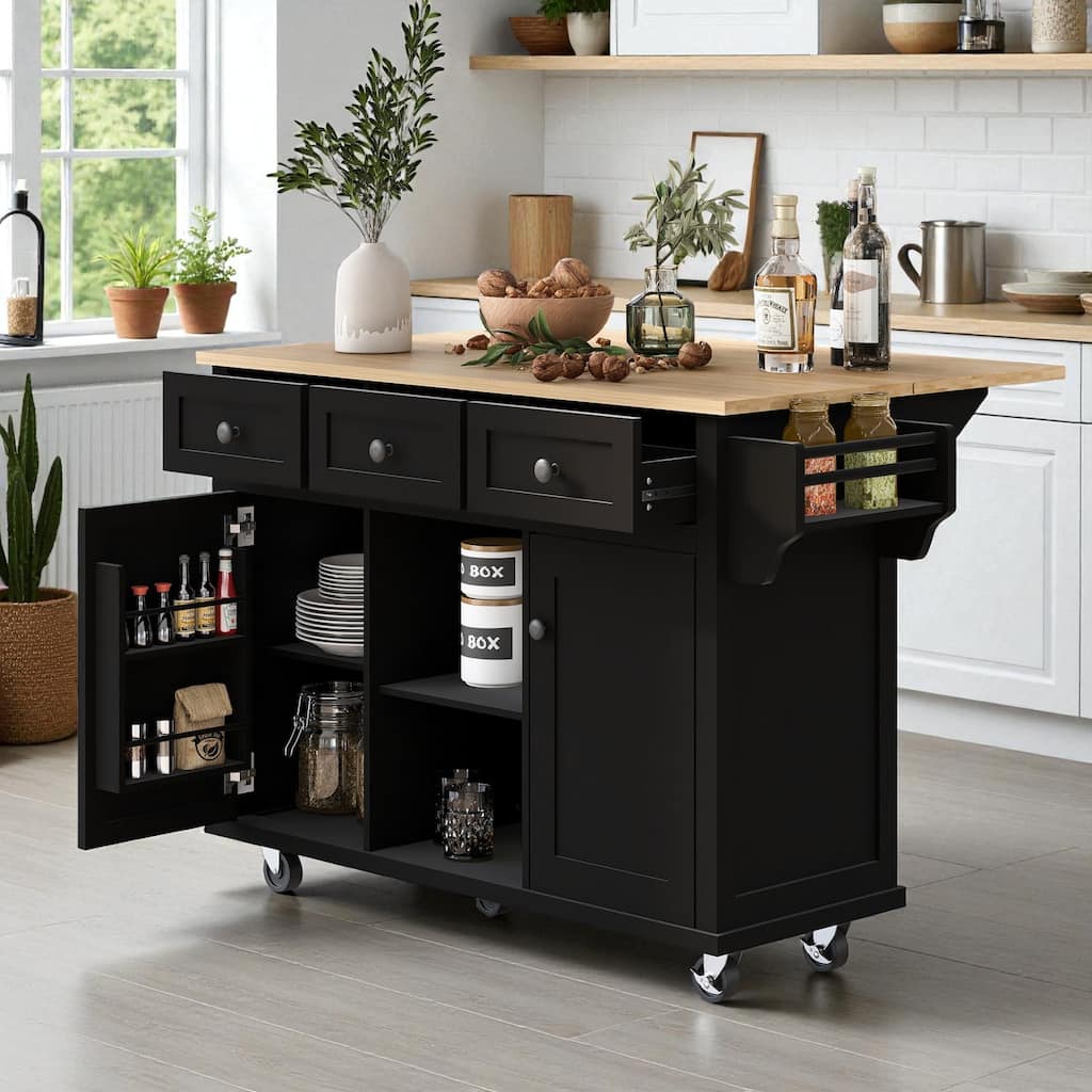 53" Kitchen Island Cart with Rubber Wood Drop Leaf, Rolling Storage Cabinet with Drawers, Spice & Towel Rack