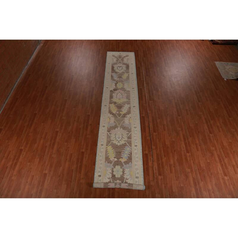 Hand Knotted Oriental 100% Wool Carpet Transitional Floral Brown Oushak Runner Rug - 17' 6'' X 3' 2''