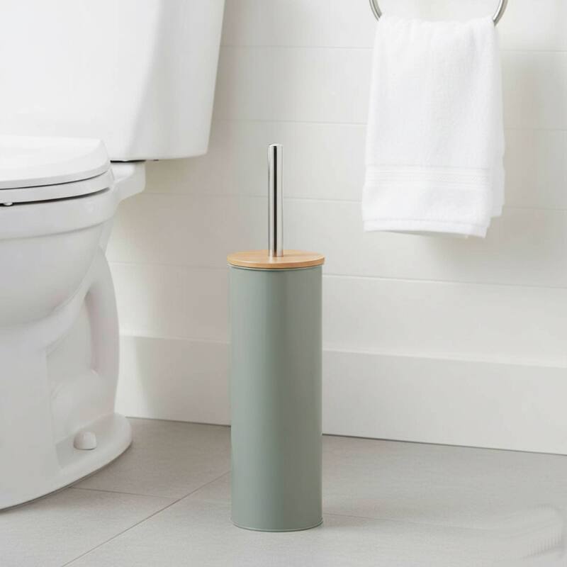 Metal Toilet Brush and Holder Set With Bamboo Lid