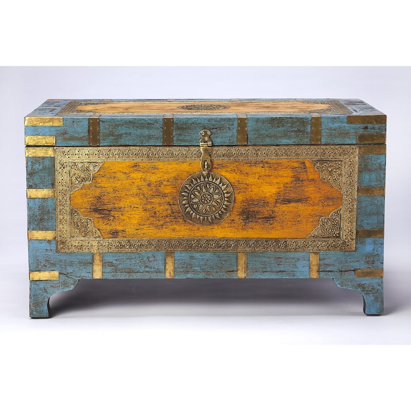 Nador Hand-Painted Brass Inlay Storage Trunk Coffee Table
