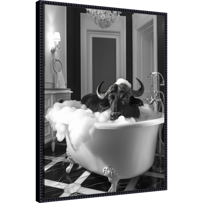 Curious Buffalo In the Tub by Niky Rahner Framed Canvas Wall Art