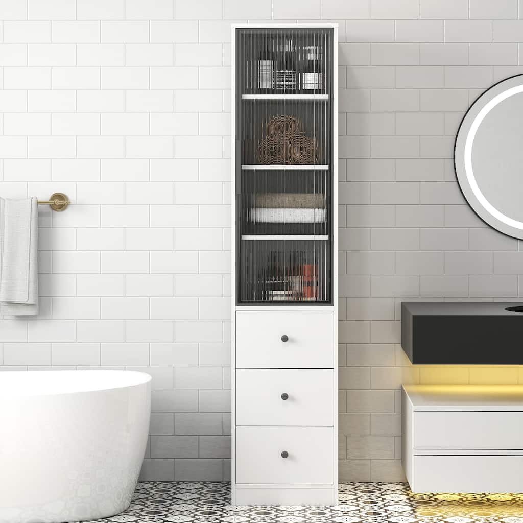 White Storage Cabinet, Modern Freestanding Narrow Bookcase with Glass Doors, Storage Drawers Wood File Cabinets for Home Office
