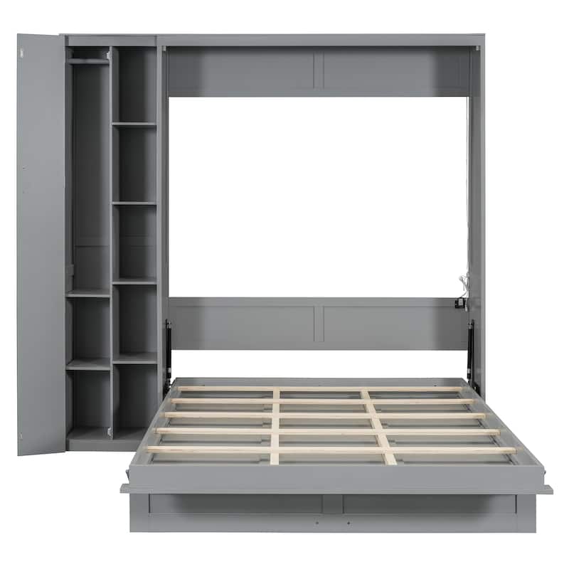 Queen Size Murphy Bed Wall Bed with Shelves,Wardrobe and LED Lights