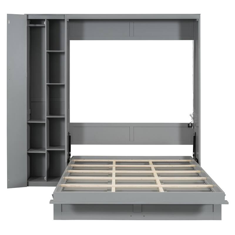 Queen Size Wall Bed with Shelves, Wardrobe, and LED Lights, Space-Saving Design