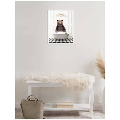 Kate and Laurel Sylvie Bear in Gray Bathtub on Checker Floor Framed Canvas by Amy Peterson