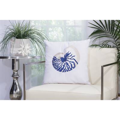 Mina Victory Outdoor Pillows Blue Conch 18" x 18" White Throw Pillow