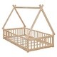 preview thumbnail 11 of 13, Twin Tent-shaped Floor Bed, Pine Fun Playhouse Bed Frames, With Guardrails, Slats, Door, House Bed Frame With Roof Natural