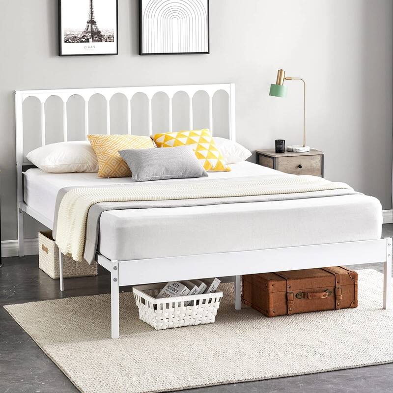 Metal Queen Size Modern Bed Frame Platform Mattress Foundation - White1 - Queen