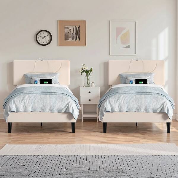 slide 2 of 21, VECELO Platform Twin Bed Frame Set with Charging Stations and Under Bed LED Lights Kids Bed Set of 2 Strong Wooden Slats Support Beige