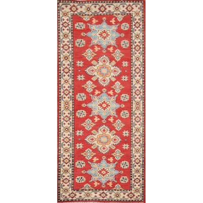 Geometric Red Kazak Oriental Runner Rug Handmade Wool Carpet - 2'2" x 5'7"