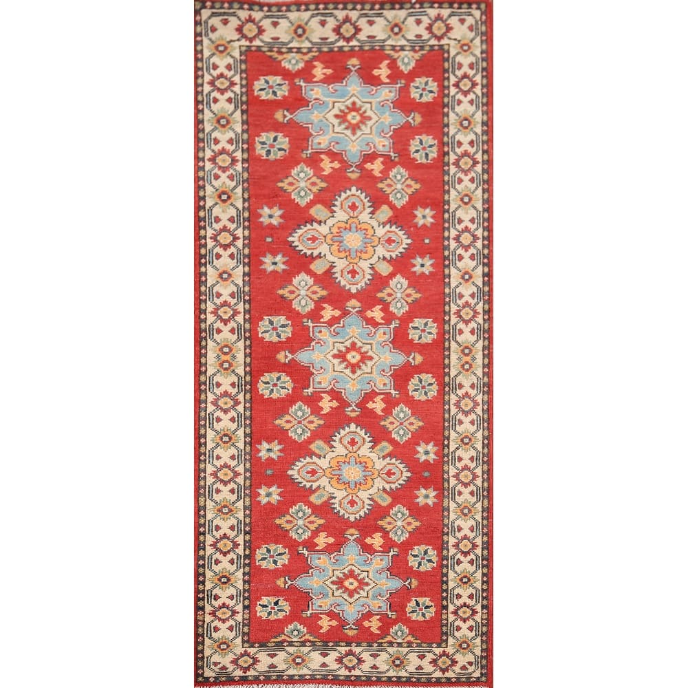 Geometric Red Kazak Oriental Runner Rug Handmade Wool Carpet - 2'2" x 5'7"