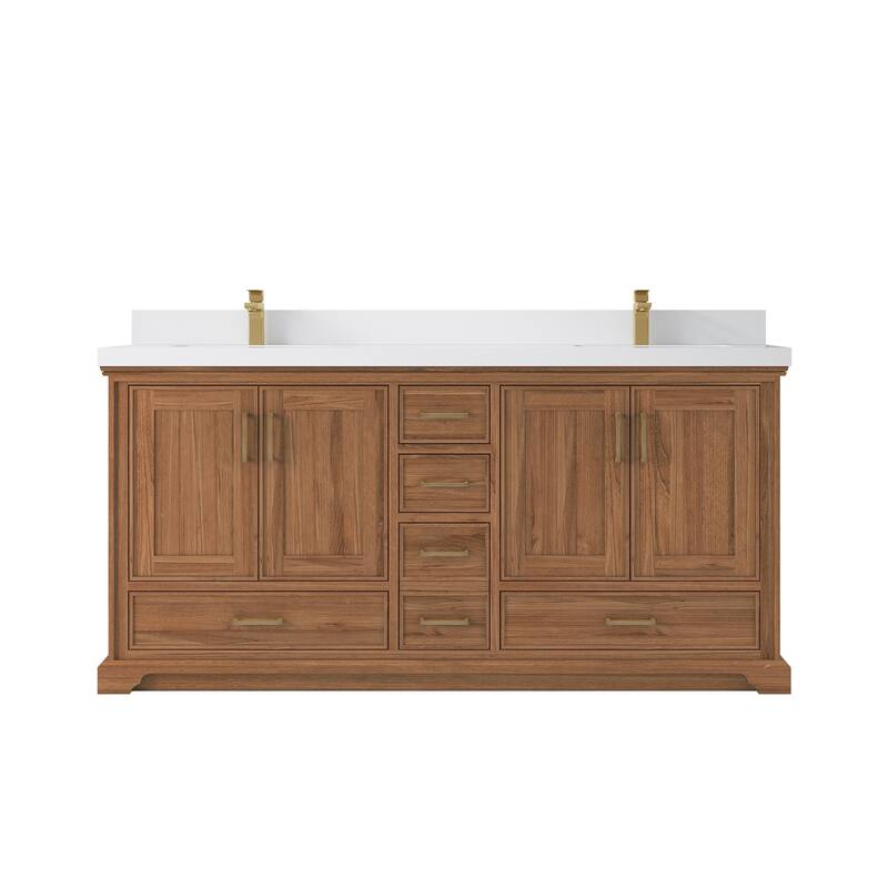 Willow Collections 72 in. W x 22 in. D Charlotte Teak Double Sink Bathroom Solid Teak Vanity with Countertop - 2”White Quartz - Dark Natural