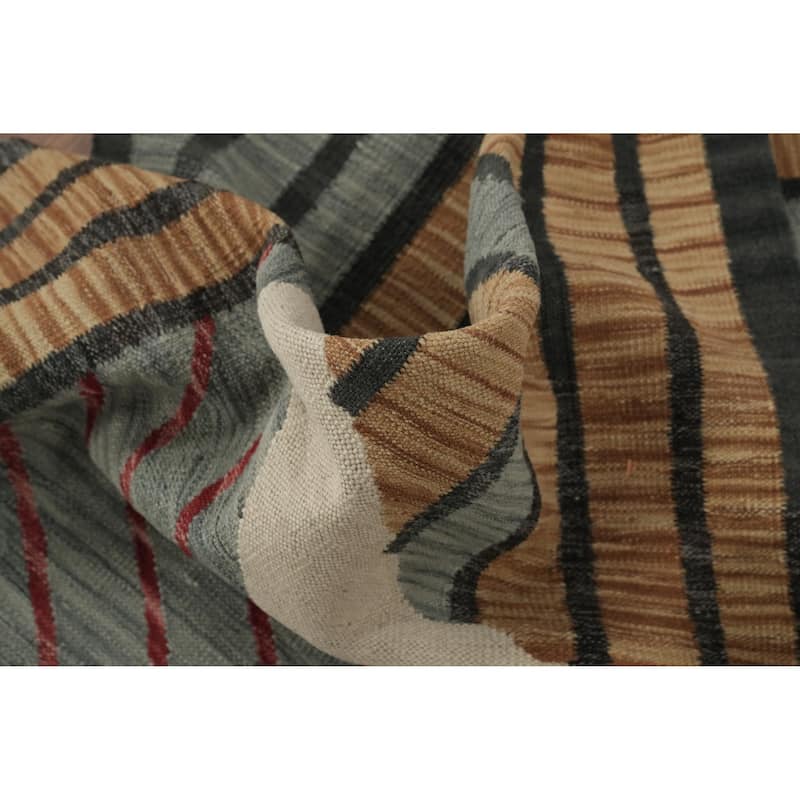 Hand Woven Oriental 100% Wool Carpet Southwestern Modern Greys & Charcoal Kilim Runner Rug - 9' 9'' X 3' 0''