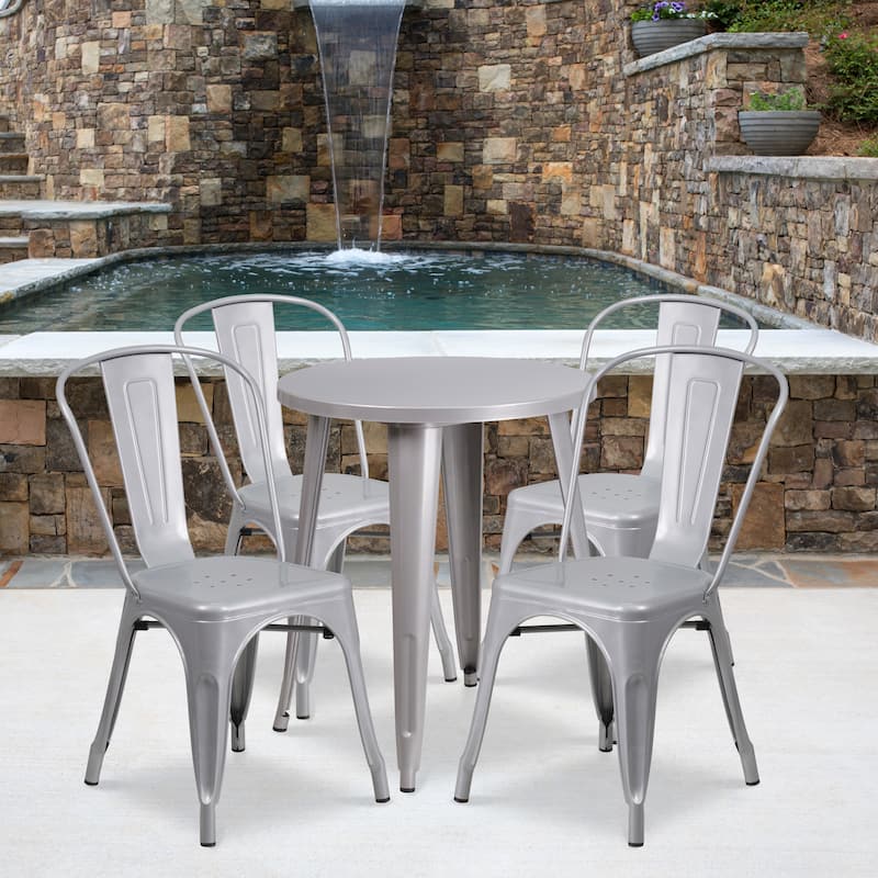 24'' Round Metal Indoor-Outdoor Table Set with 4 Cafe Chairs
