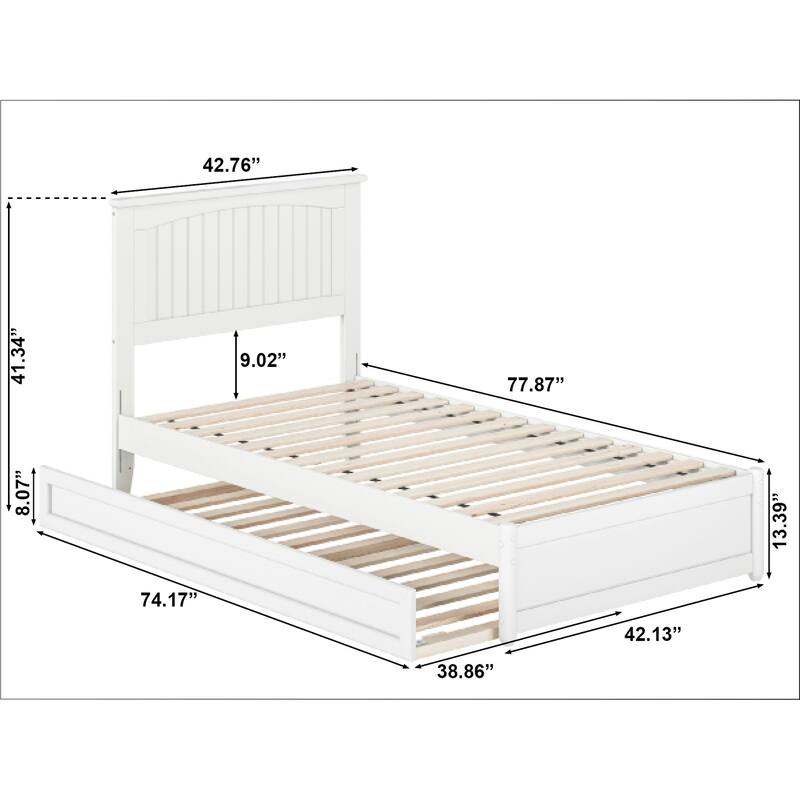 Twin Platform Bed with Trundle - White Wood Bed Frame & Panel Headboard - Space Saving Design