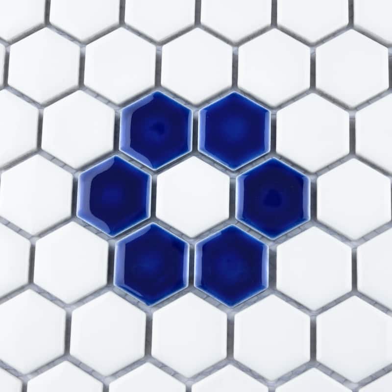 Merola Tile Metro Ion 1" Hex Sapphire Single Flower w/Glossy White Porcelain Mosaic Floor & Wall Tile