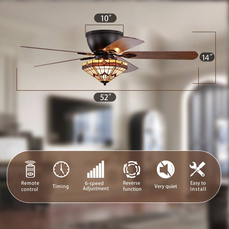 Lymelyn 52-Inch Flushmount Lighted Ceiling Fan Ivory Geometric Tiffany Glass Lamp Black Finish