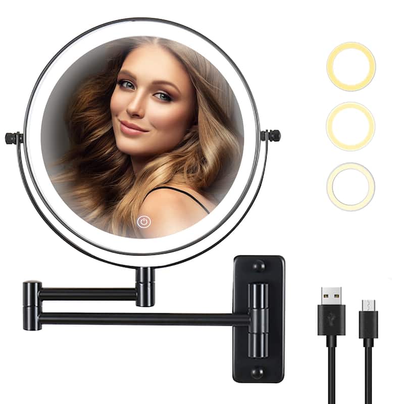 Yulika Plug-in Wall Mounted Makeup Mirror Magnifying Mirror with Light 1X/10X or 1X/7X - Black-10X