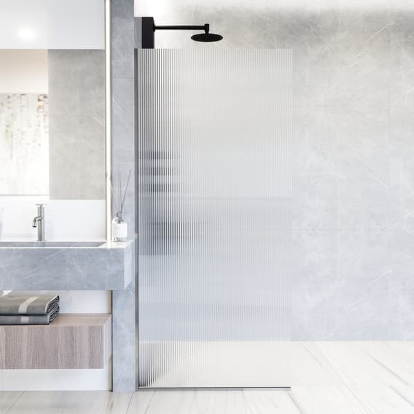 slide 2 of 32, VIGO Zenith Frameless Fixed Shower Screen with Fluted Glass Chrome