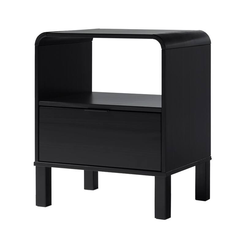 Minimalist Black Solid Wood Nightstand with Curved Top - Black