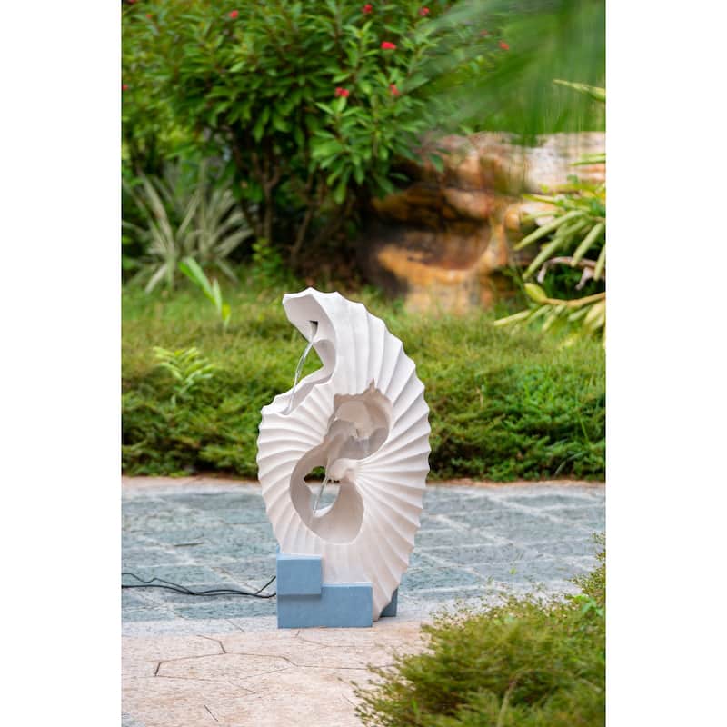 16.9x10.2x31.9" White Abstract Water Fountain with Blue Base with Light, for Indoor and Outdoor