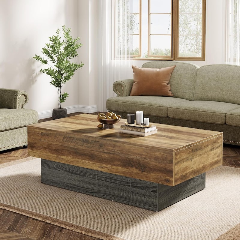 55" Wood Coffee Table, Large Rectangle Tea Table Vintage Center Table for Living Room, Office Reception - Brown+Black