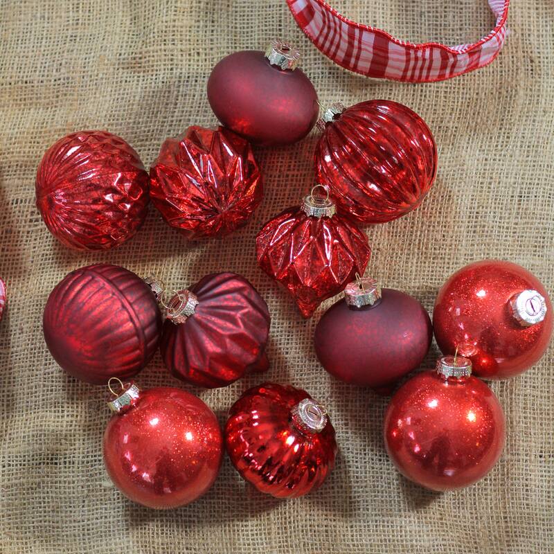 Mercury Style Onion and Ball Glass Christmas Ornament Set - 3" - Red - 12ct