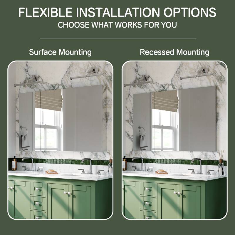 48x30 in Tri-View Mirrored Medicine Cabinet, 3-Door Triple Swing, Copper-Free, Blum Soft-Close, Recessed/Surface