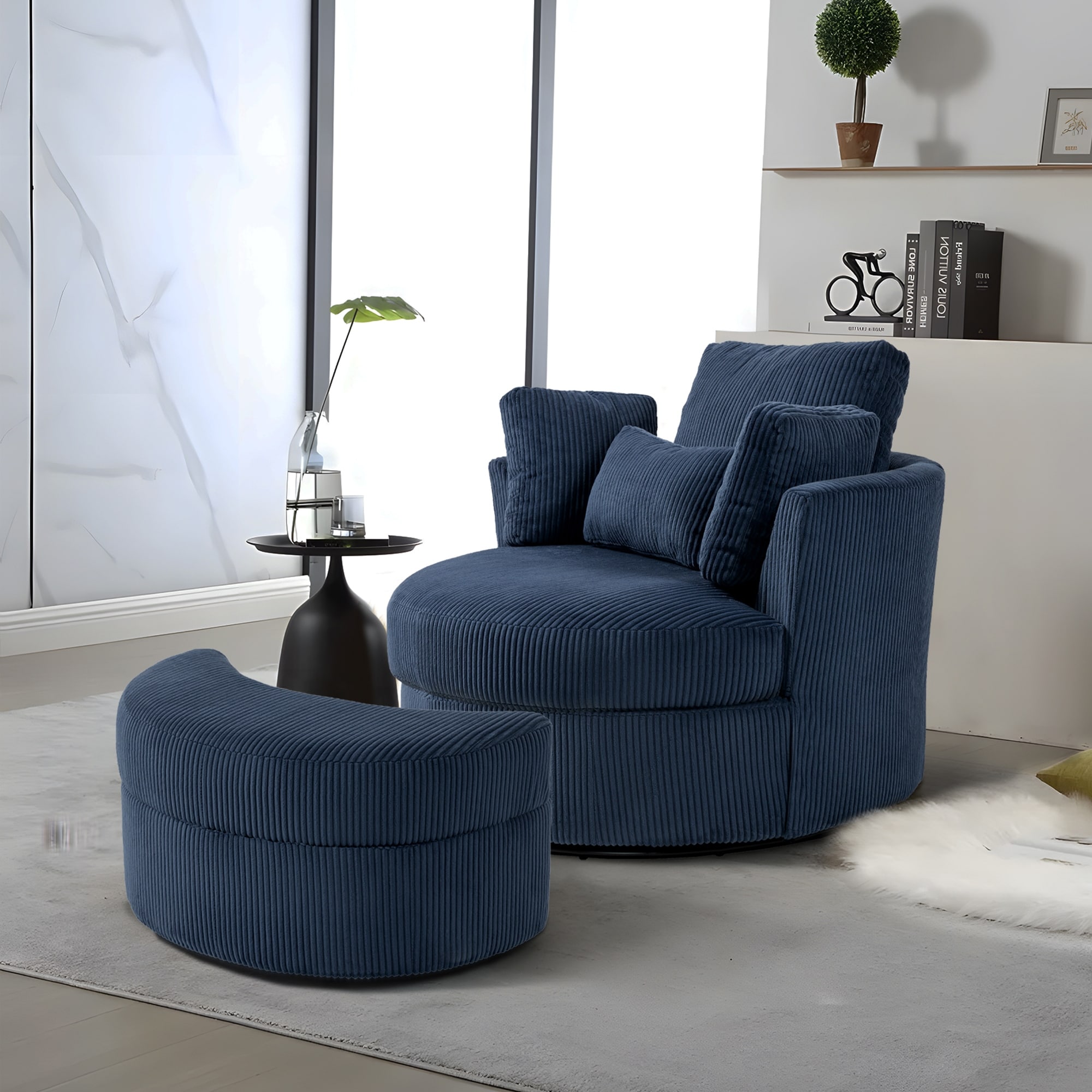 Chenille/Boucle Swivel Barrel Chair with Storage Ottoman