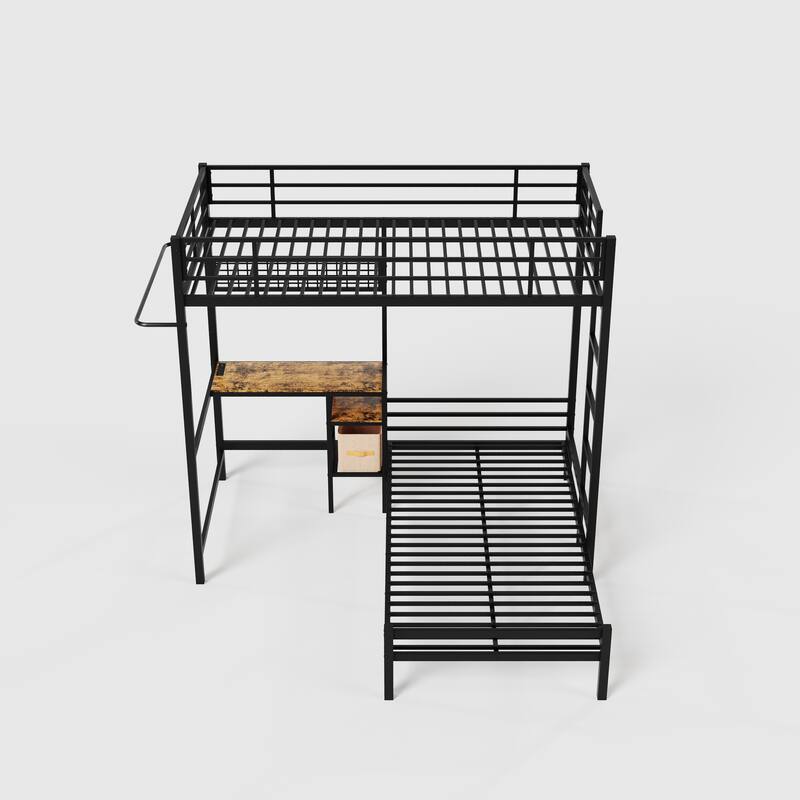 Bunk Bed, Twin Over Twin with L-Shaped Desk, Storage Shelves & Drawers, Safety Guardrail & Ladder, Ambient Lighting