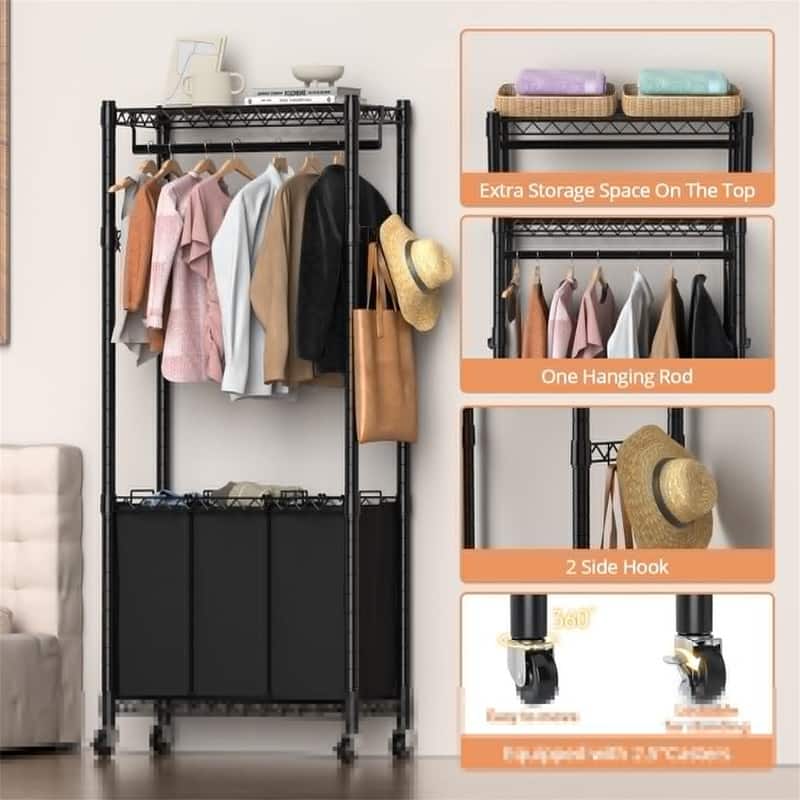 Rolling Laundry Basket Organizer with Wheels and Hanging Bar - 14.17"D x 31.1"W x 72.8"H
