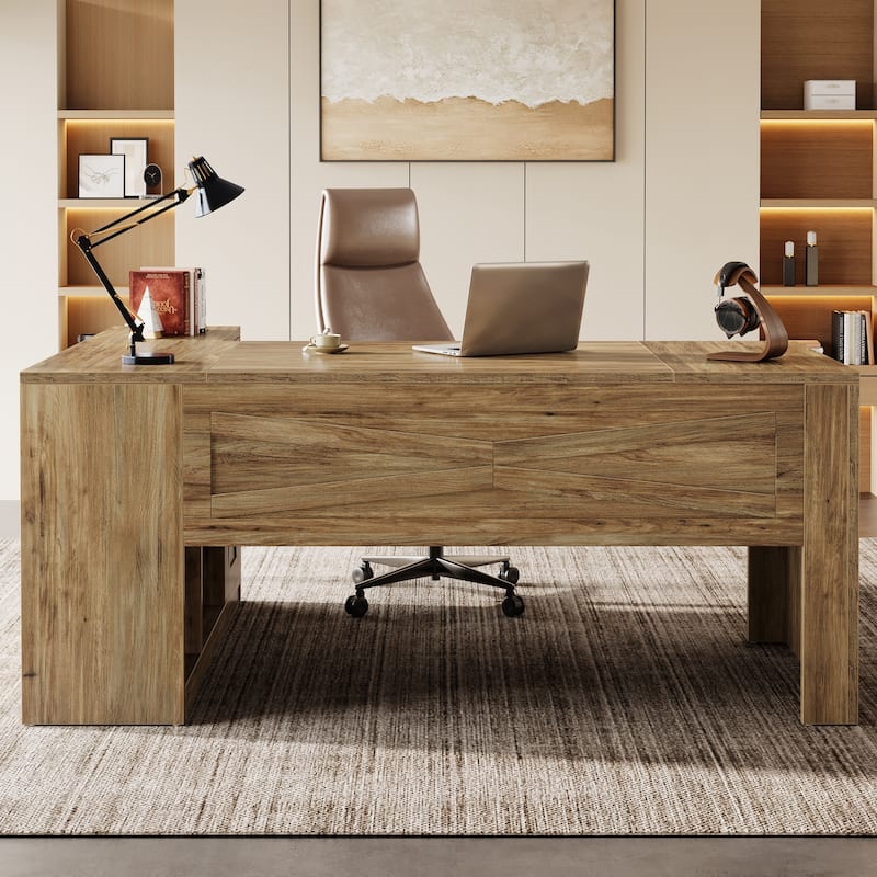 70.8" L-Shaped Executive Desk with File Cabinet and Storage Shelves, Large Office Computer Desk for Home Office