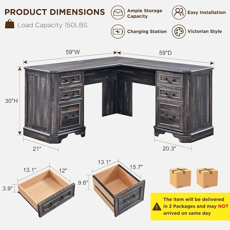 Farmhouse Executive L Shaped Desk, Wood Computer Corner Desk for Work